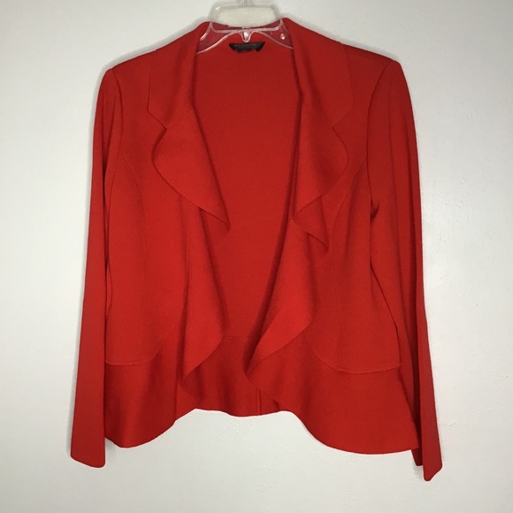 St. John Red Wool Open Sweater Jacket Peplum Sz 16 - Picture 3 of 7